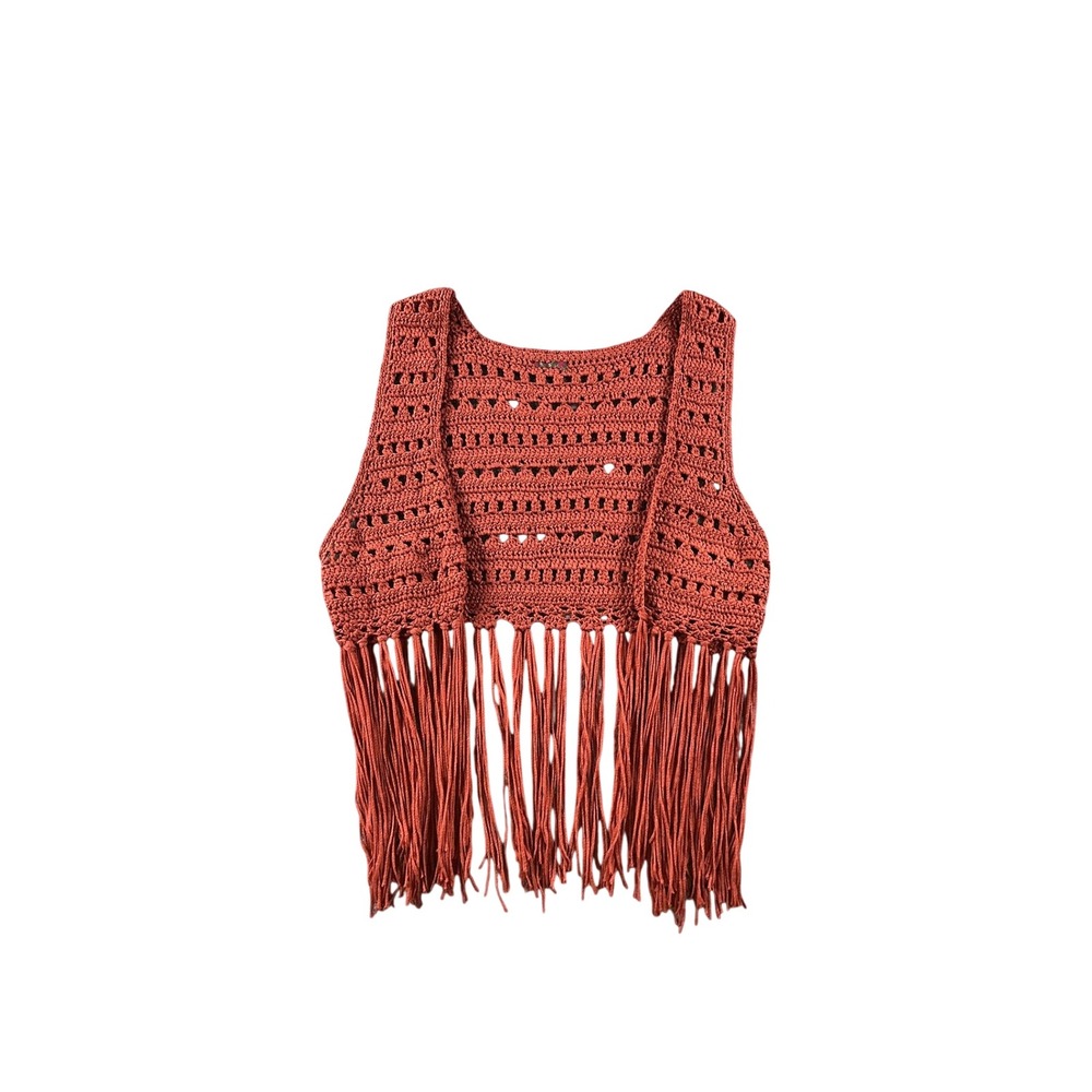 Boho Rust Orange Crochet Fringe Crop Vest Open Front Festival Layering Piece